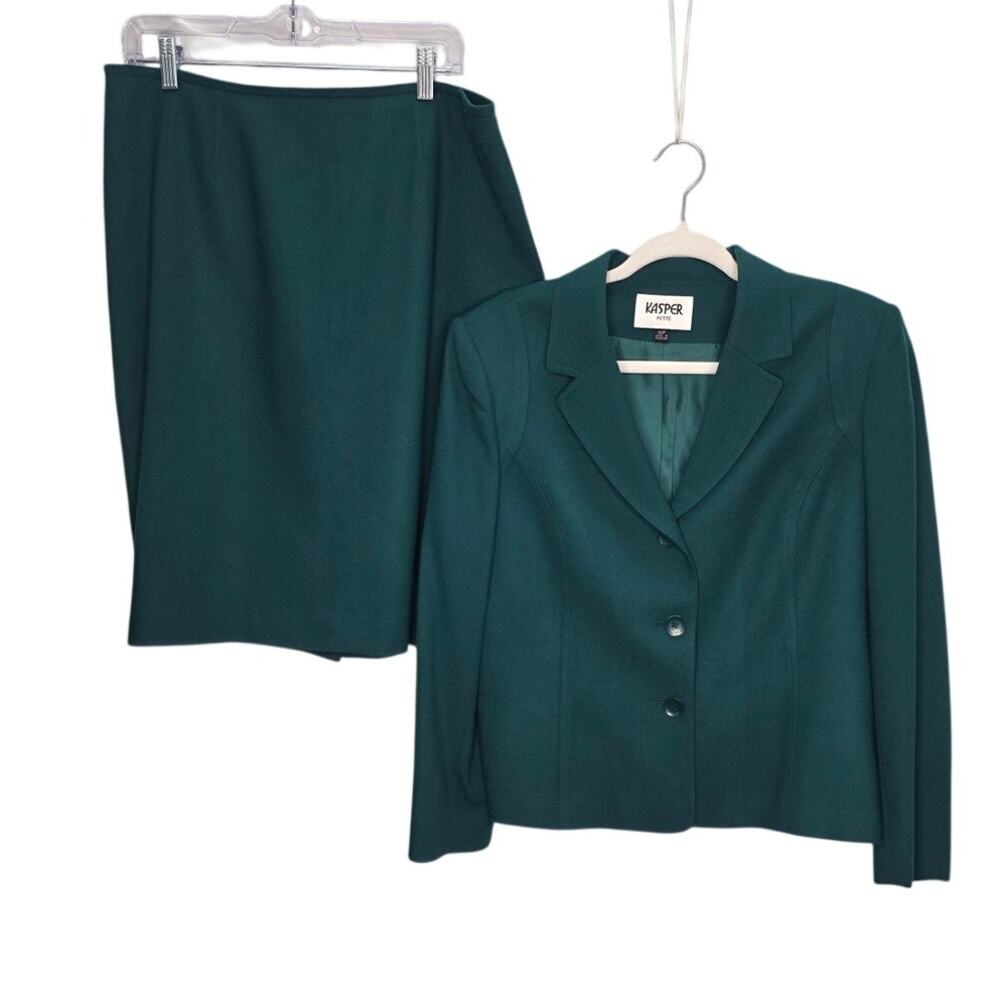 Kasper Petite 16P Wool Blend Suit Teal Blazer Jacket Skirt 2 Piece Career